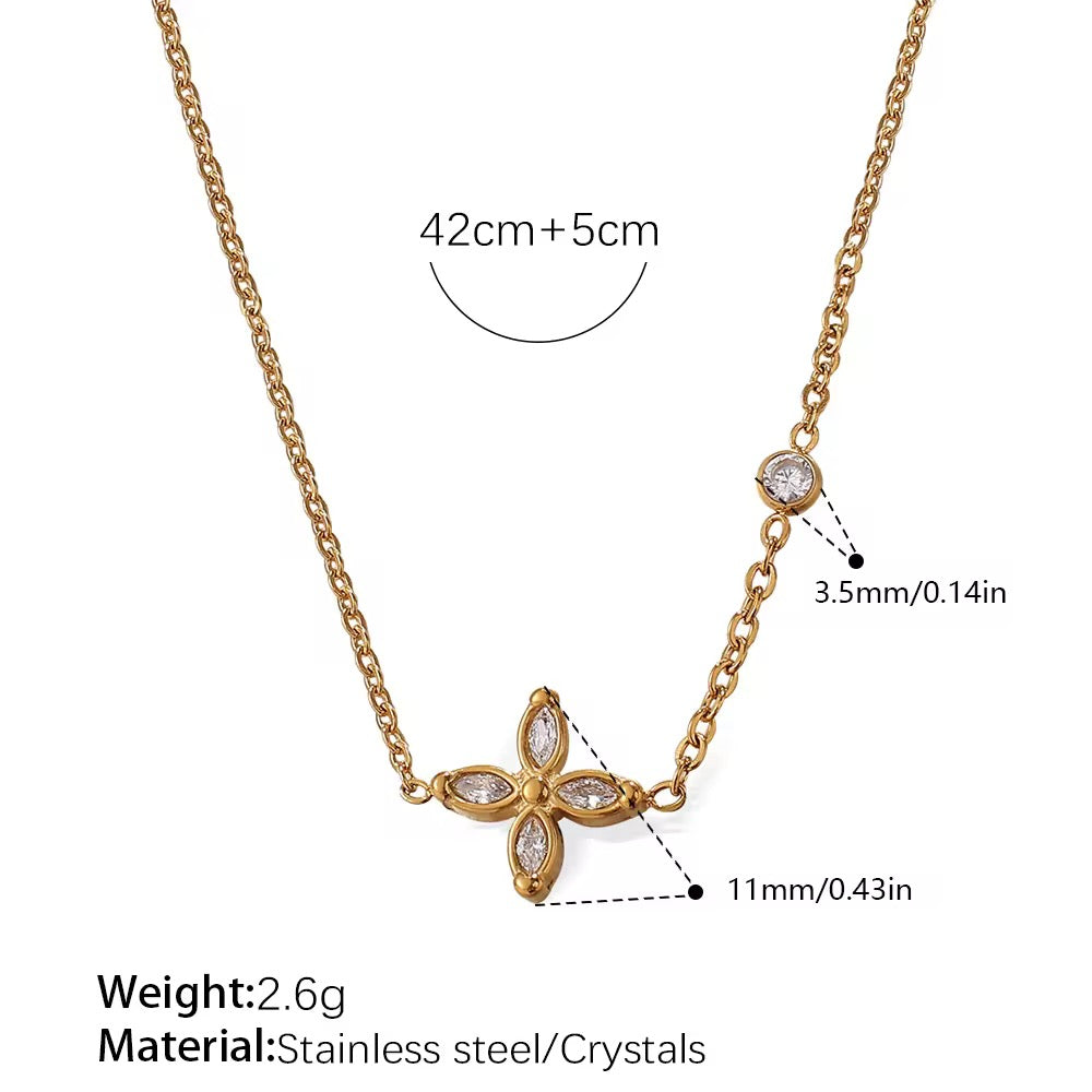 Gold butterfly necklace with measurements and material details on a white background