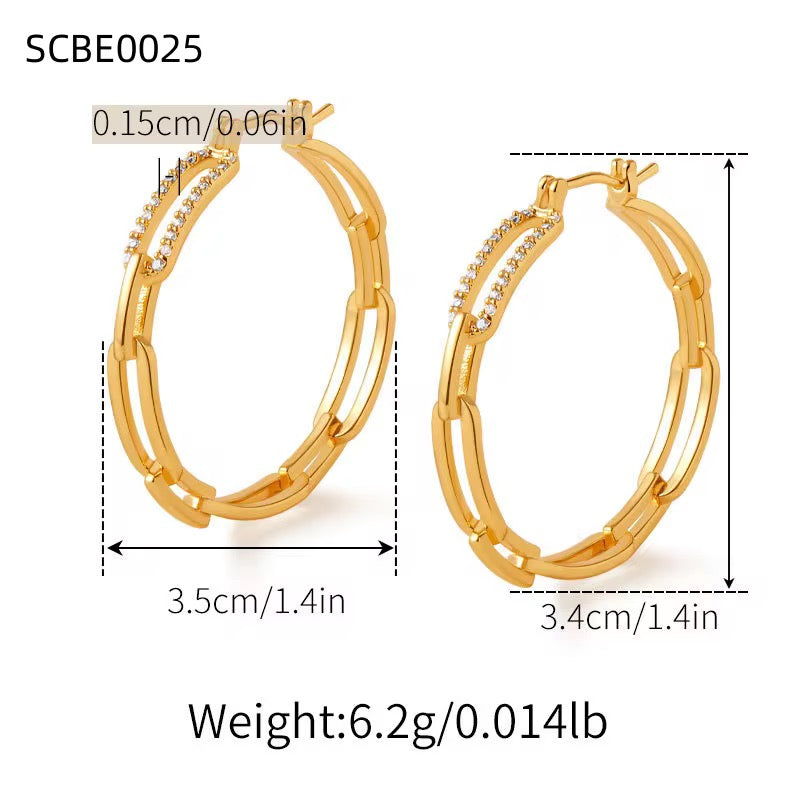 Gold hoop earrings with measurements and weight details on a white background