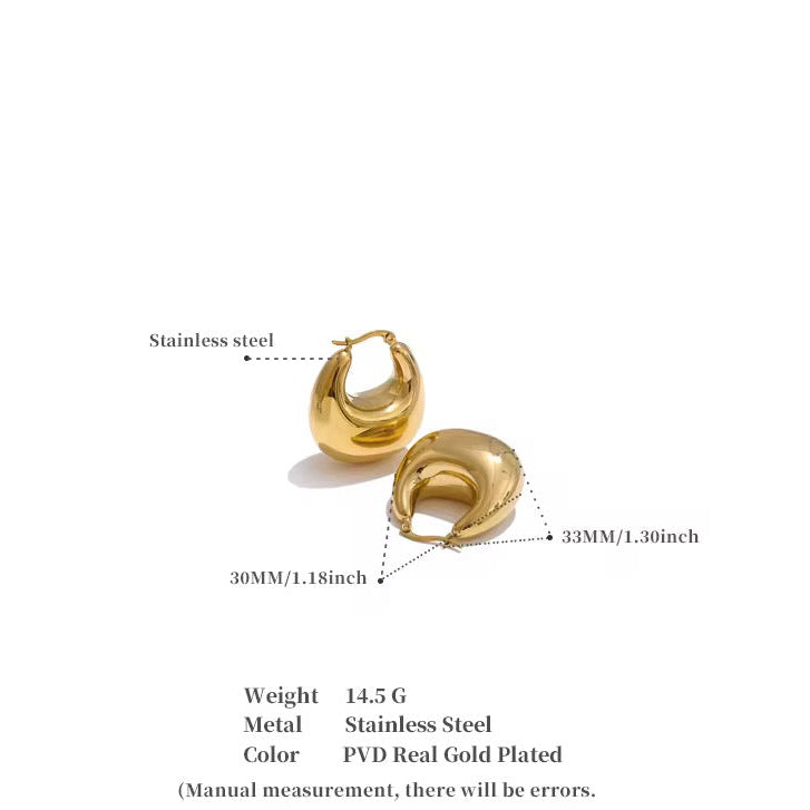 Gold hoop earrings with specifications on a white background