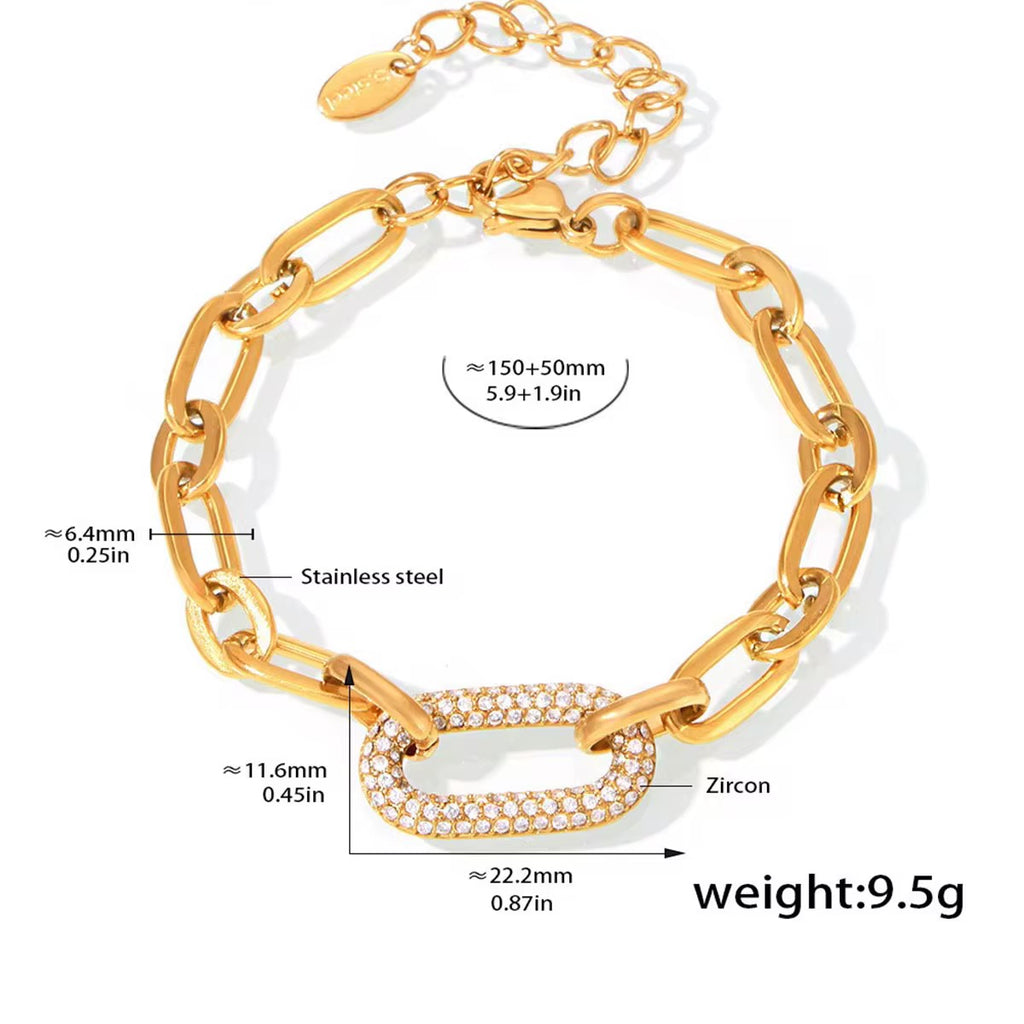 Gold chain bracelet with measurements and details on a white background