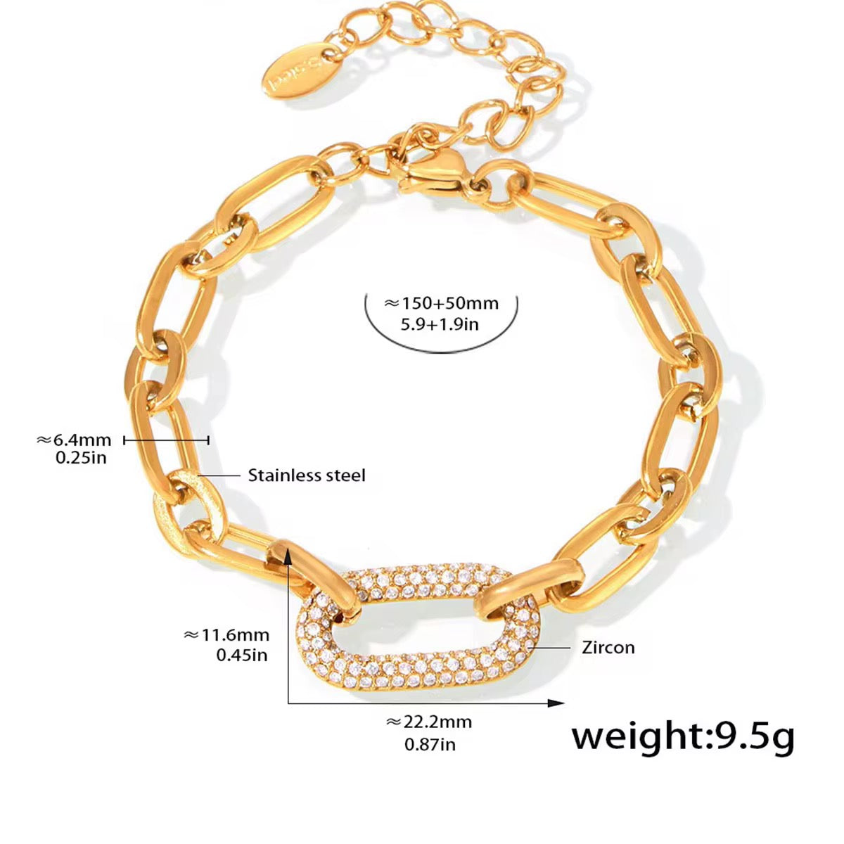 Gold chain bracelet with measurements and details on a white background