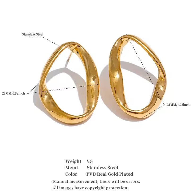 Gold hoop earrings with measurements and material details on a white background
