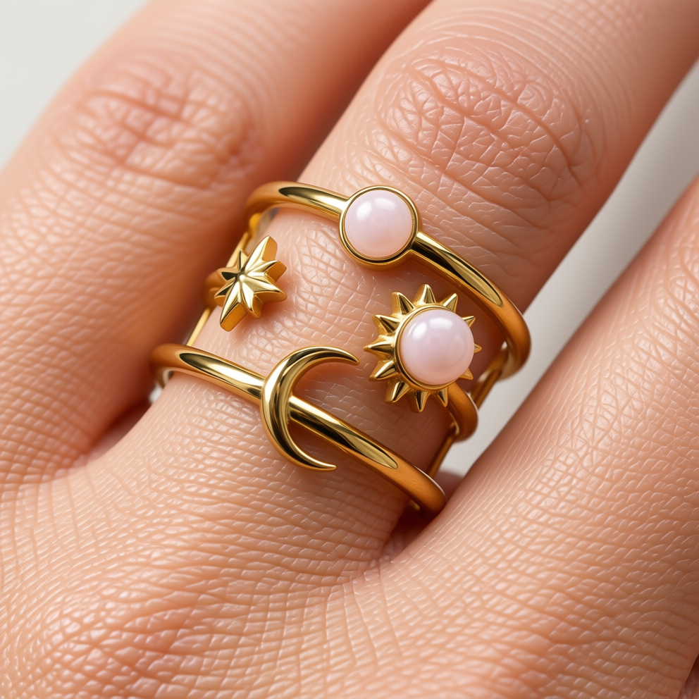 Gold rings with pink gemstones on a finger